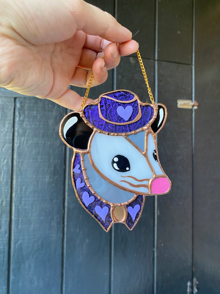 Mini Purple Cowboy Opossum Stained Glass Ornament