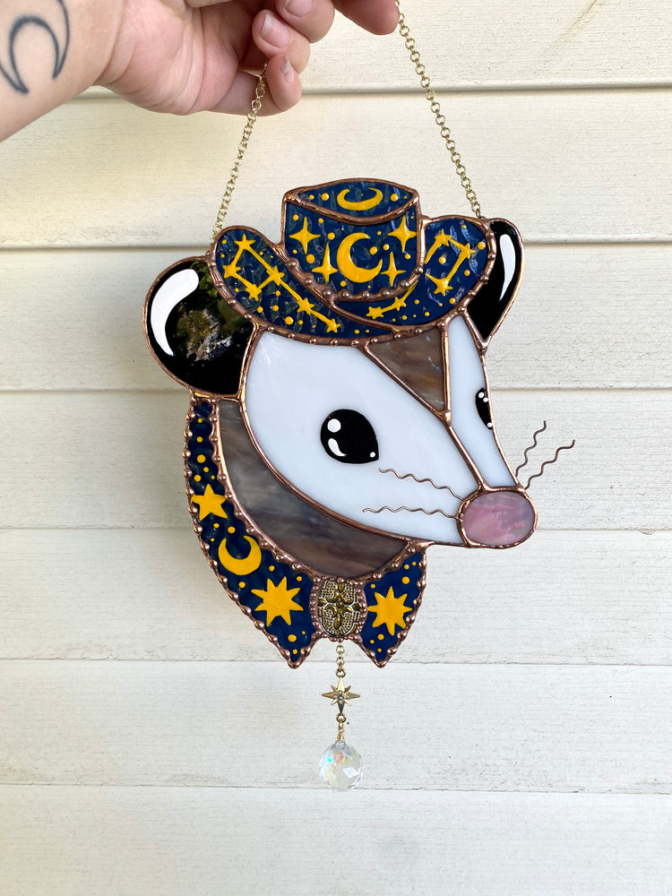 Celestial Cowboy Opossum Stained Glass Suncatcher