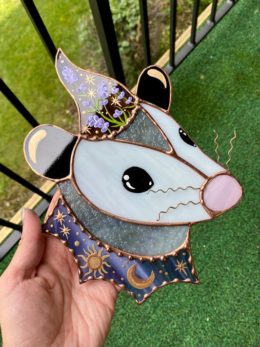 Lavender Wizard Opossum Stained Glass Suncatcher