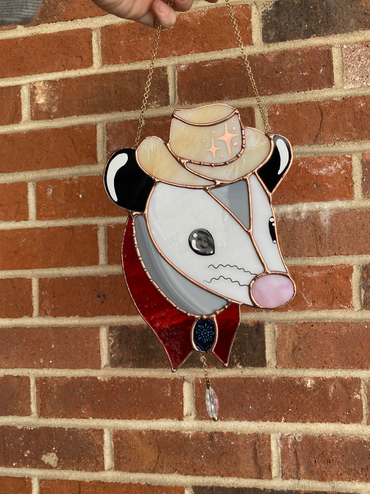 Cowboy Opossum Stained Glass Suncatcher