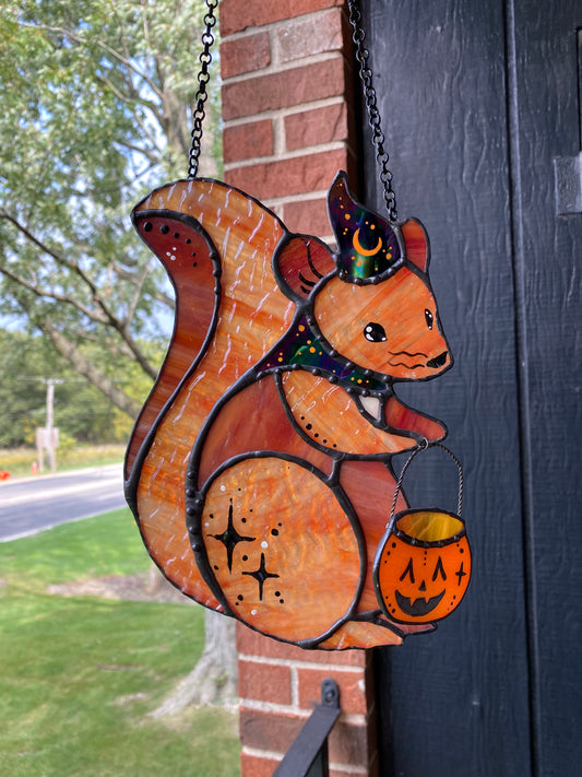 Trick-or-Treat Squirrel Stained Glass Suncatcher