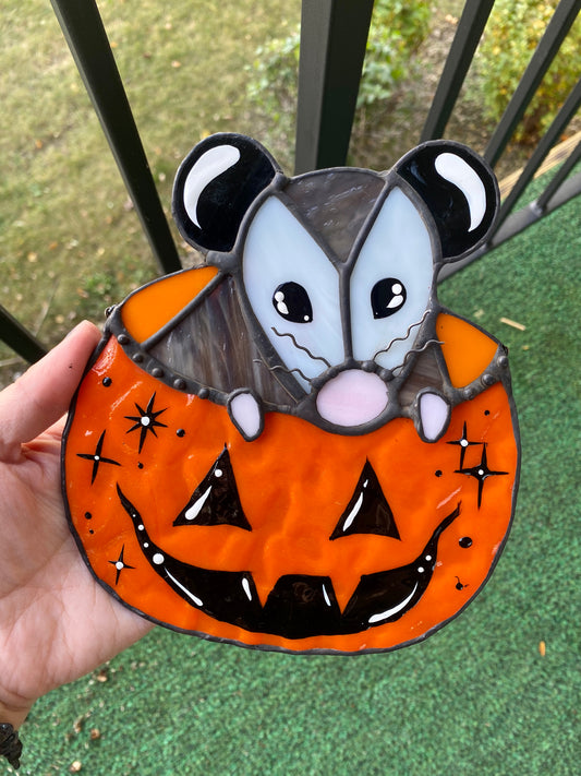 Trick-or-Treat Opossum Stained Glass Suncatcher