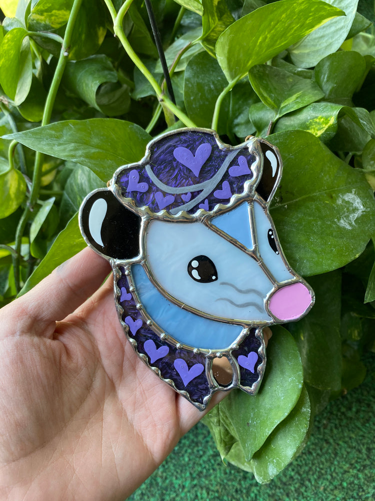 Mini Purple Cowboy Opossum Stained Glass Ornament