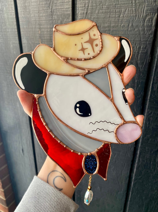 Cowboy Opossum Stained Glass Suncatcher