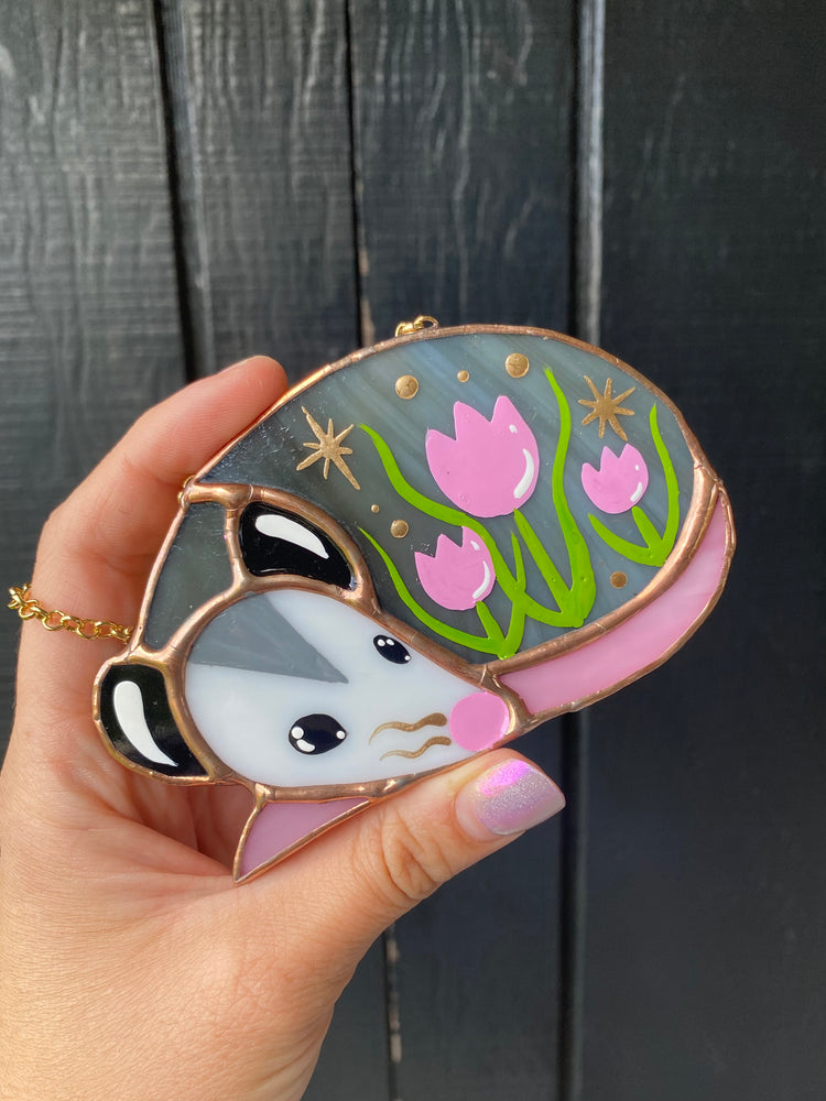 Sleepy Pink Tulip Opossum Stained Glass Ornament