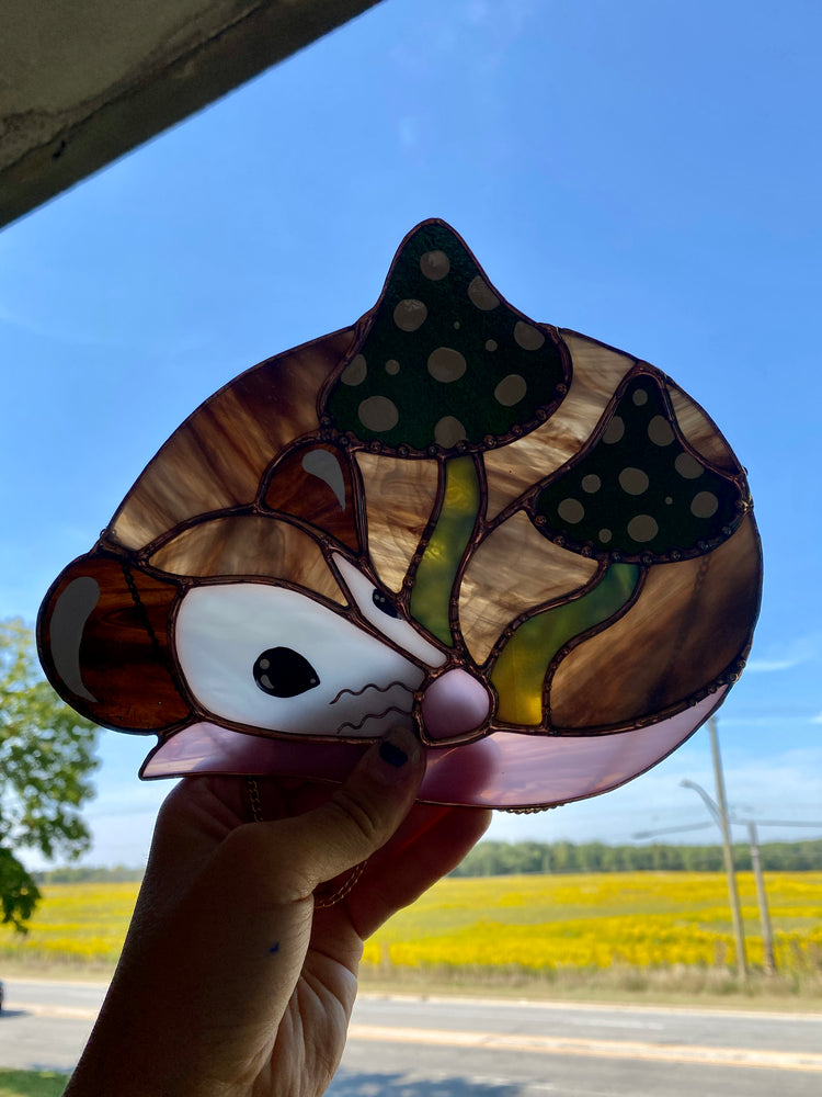 Enchanted Green Mushroom Opossum Stained Glass Suncatcher