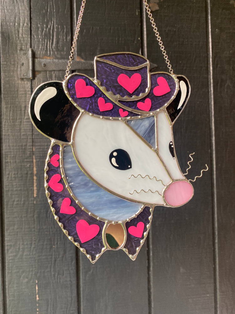 Pink and Purple Cowboy Opossum Stained Glass Suncatcher