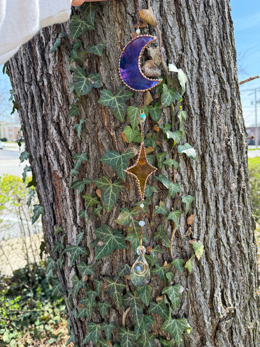 Blue Iridescent and Gold Sun and Moon Suncatcher