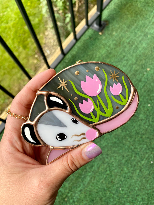 Sleepy Pink Tulip Opossum Stained Glass Ornament