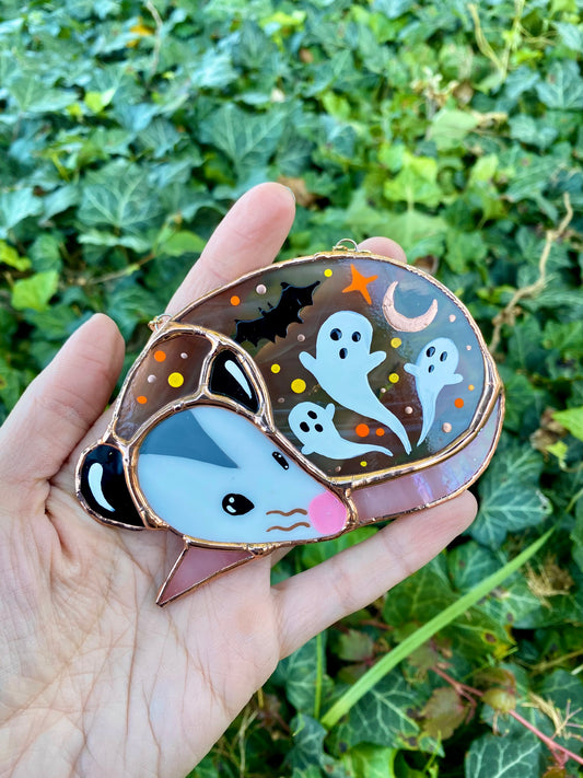 Mini Ghosts and Bats Opossum Stained Glass Suncatcher