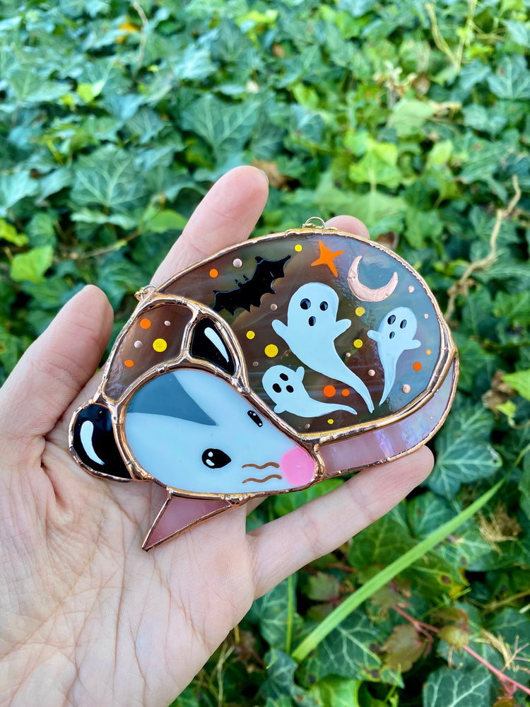 Mini Ghosts and Bats Opossum Stained Glass Suncatcher