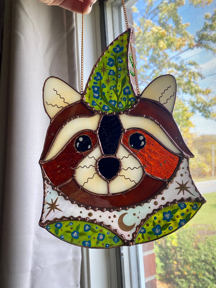 Blue Flower Wizard Raccoon Stained Glass Suncatcher