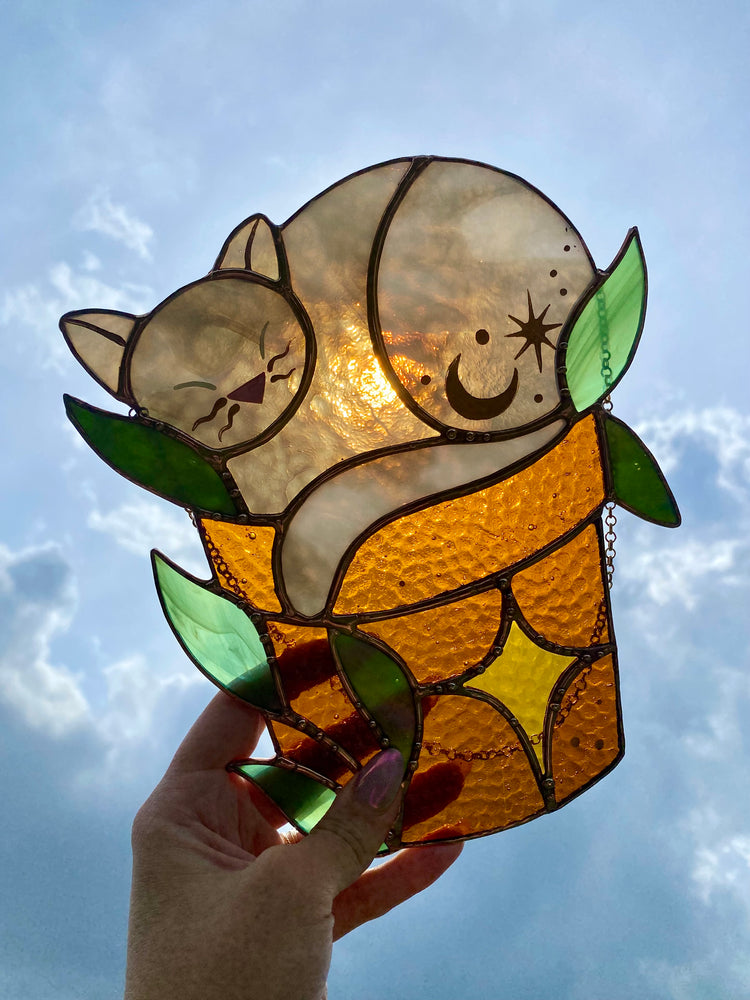 Sleepy Grey Flowerpot Cat Stained Glass Suncatcher