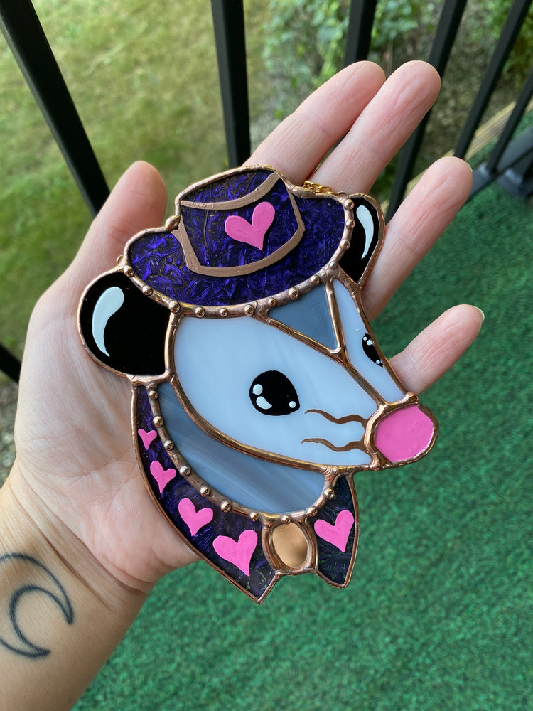 Mini Purple Cowboy Opossum Stained Glass Suncatcher