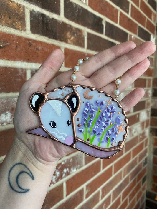 White Lavender Opossum Stained Glass Ornament