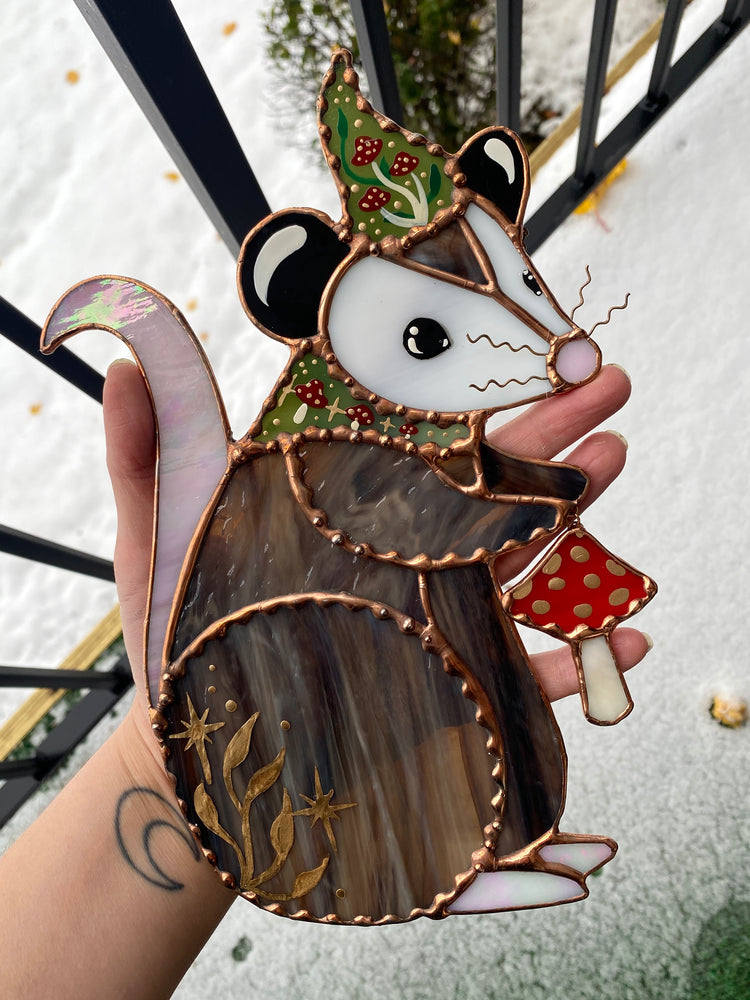 Mushroom Wizard Opossum Stained Glass Suncatcher