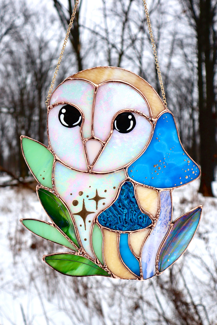 Blue Barn Owl Large Stained Glass Suncatcher