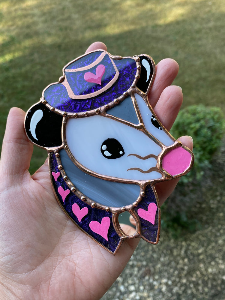 Mini Purple Cowboy Opossum Stained Glass Suncatcher