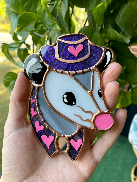 Mini Purple Cowboy Opossum Stained Glass Suncatcher