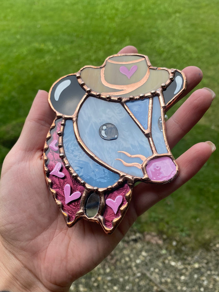 Pink Heart Cowboy Opossum Stained Glass Ornament