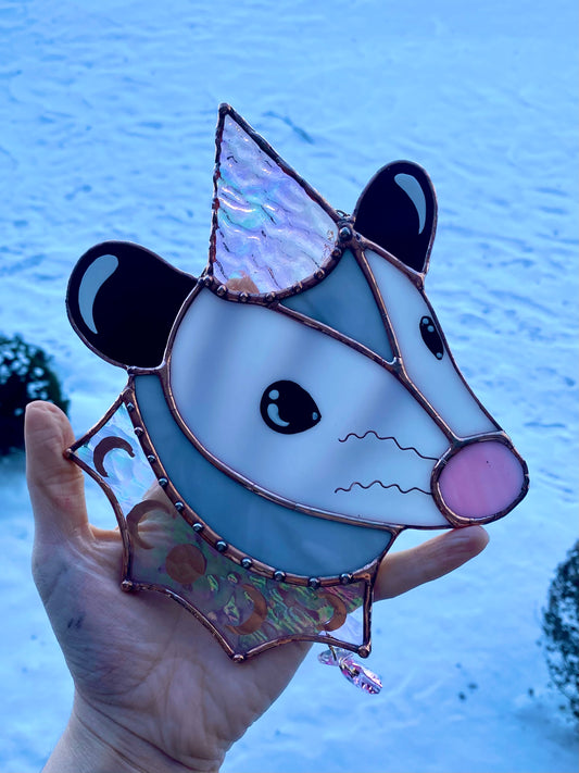 Iridescent Wizard Opossum Stained Glass Suncatcher