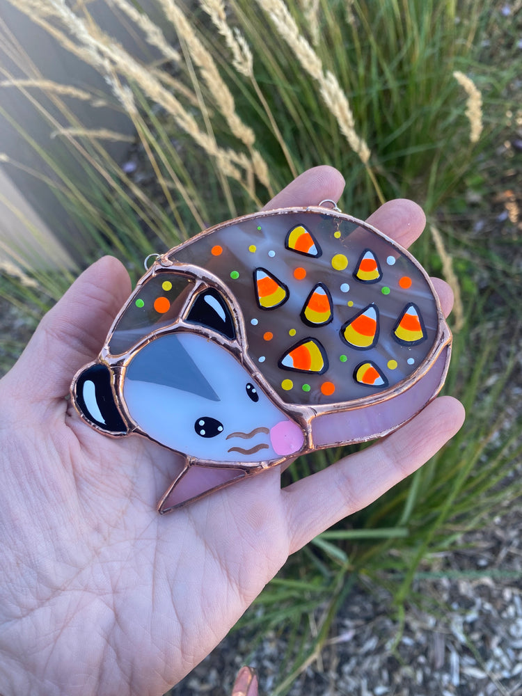 Mini Candy Corn Opossum Stained Glass Suncatcher