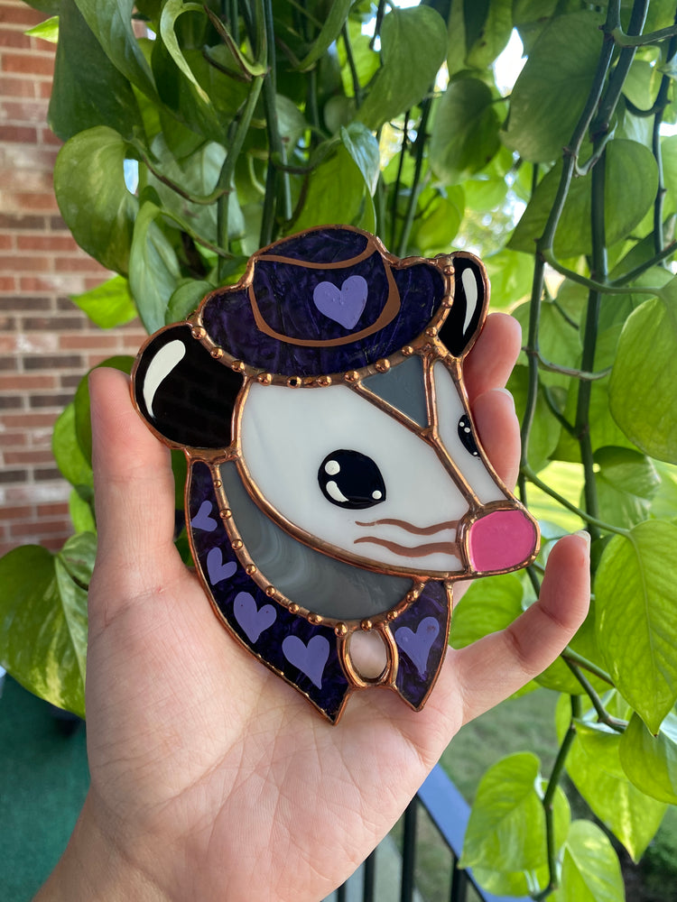 Mini Purple Cowboy Opossum Stained Glass Ornament