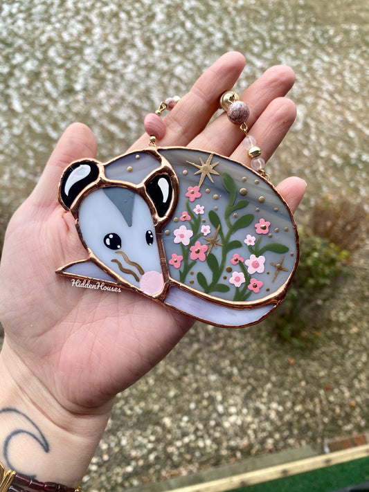 Pink Floral Opossum Stained Glass Ornament #2