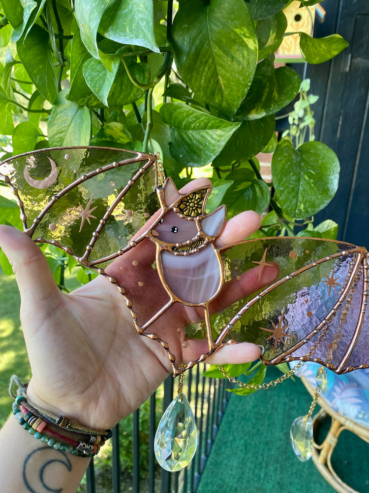 Dusty Purple Wizard Bat Stained Glass Suncatcher