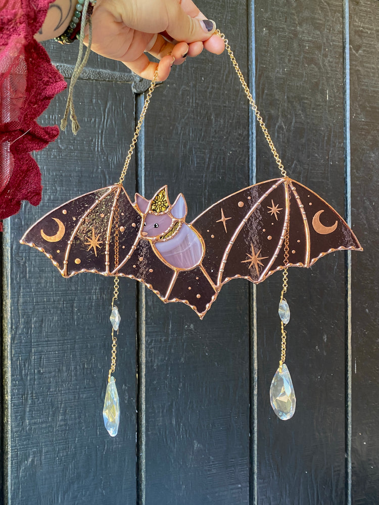 Dusty Purple Wizard Bat Stained Glass Suncatcher