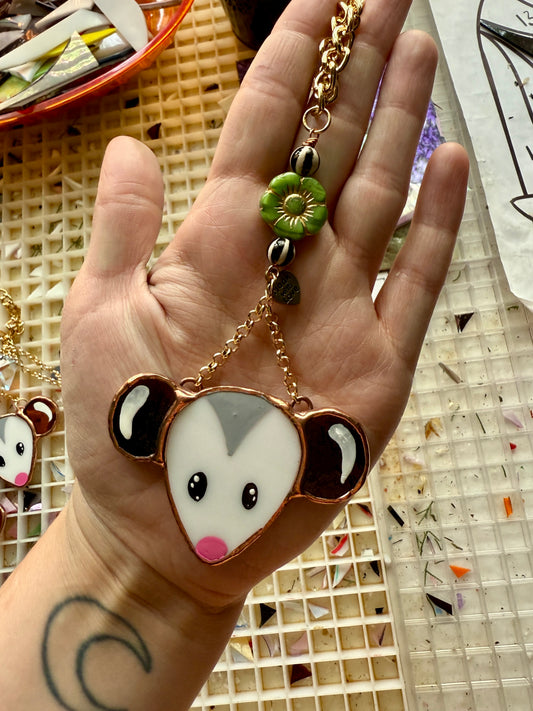 Green Flower Opossum Stained Glass Charm