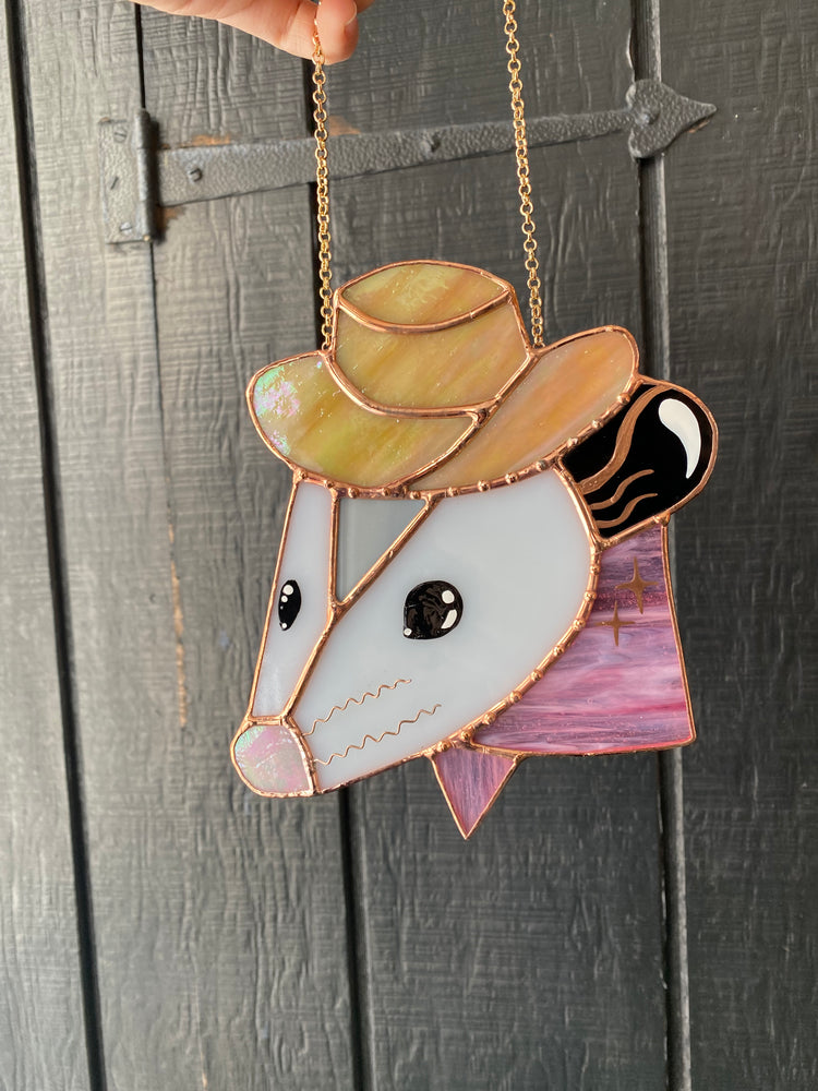 Pink Cowboy Opossum Stained Glass Suncatcher