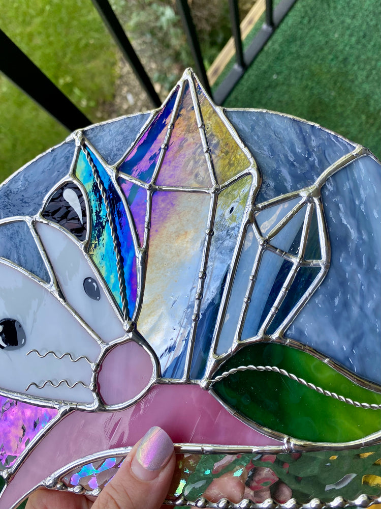 Blue Crystal Guardian Opossum Stained Glass Suncatcher