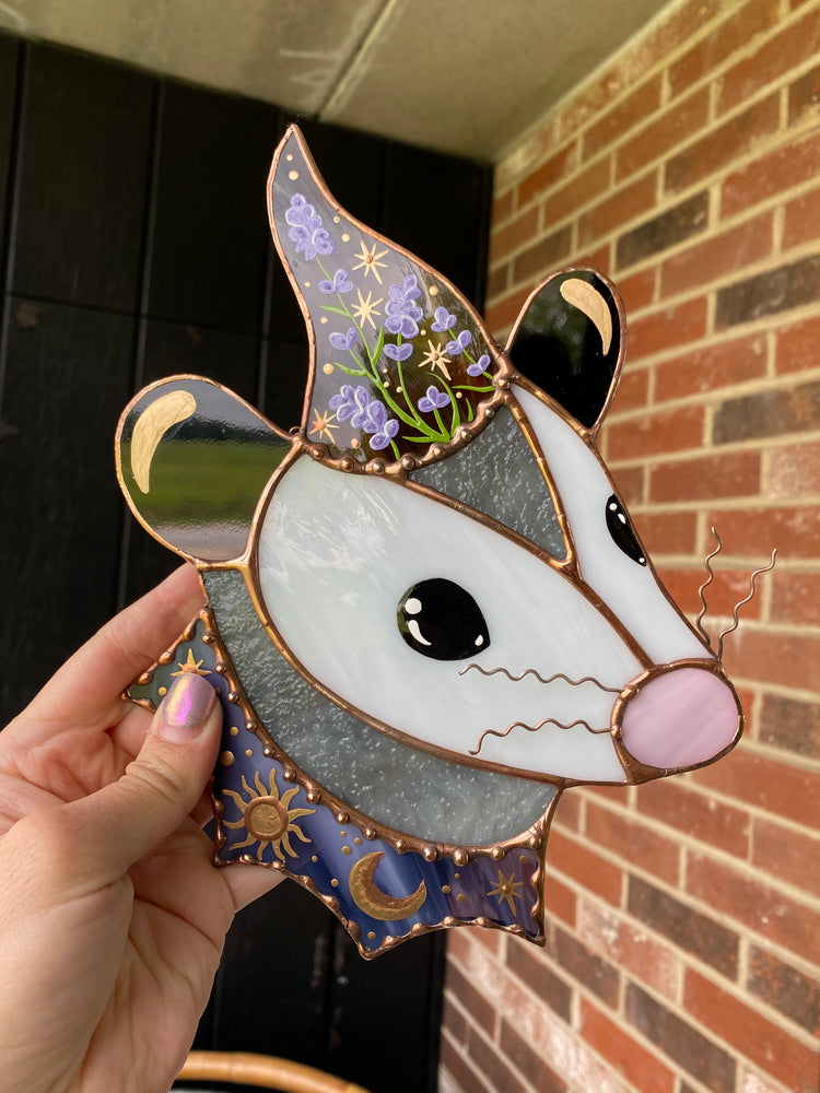 Lavender Wizard Opossum Stained Glass Suncatcher