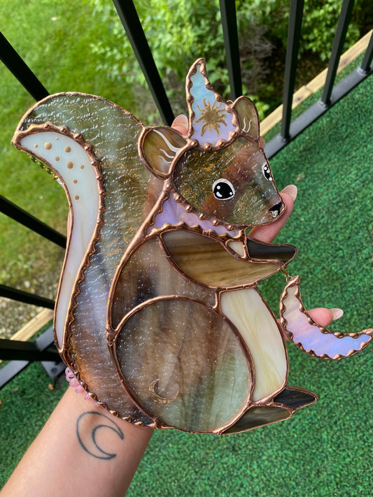 Moon Squirrel Wizard Stained Glass Suncatcher