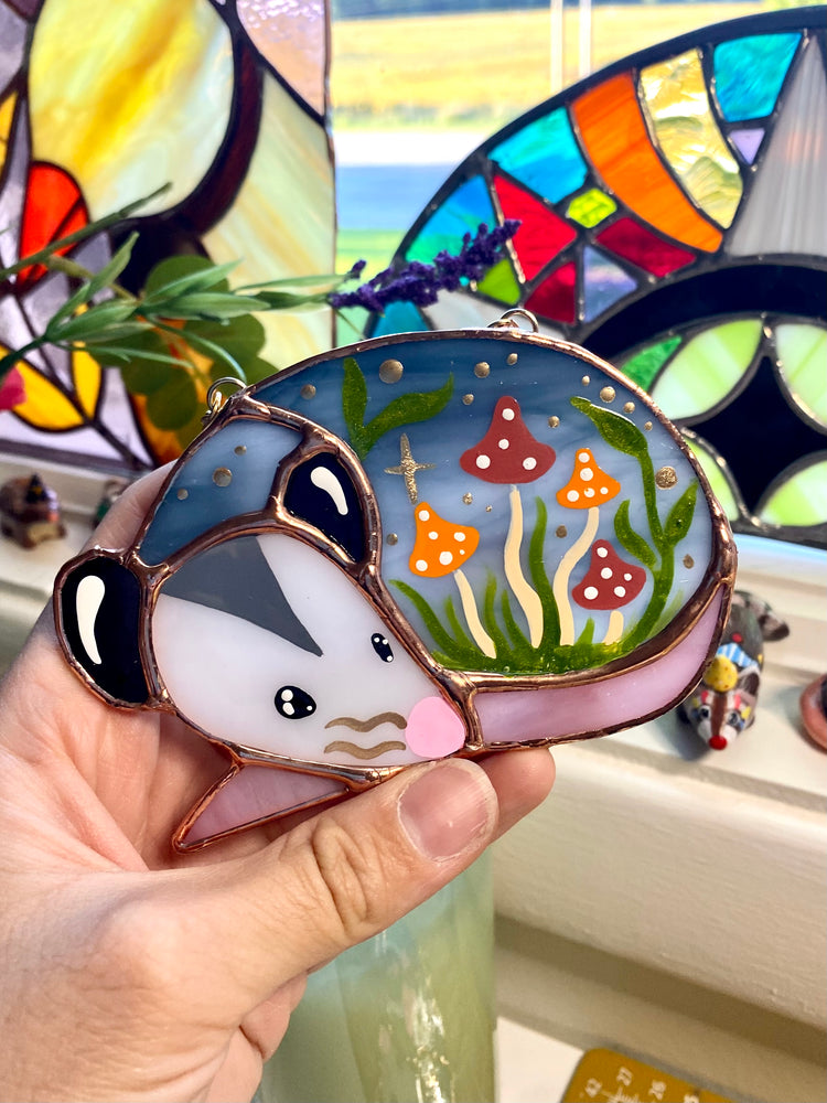 Sleepy Mushroom Bunch Opossum Mini Stained Glass Suncatcher