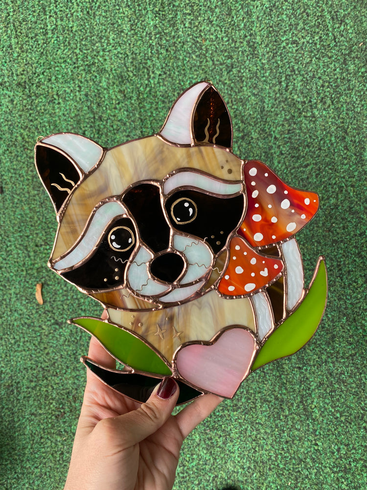 Mushroom Raccoon Stained Glass Suncatcher