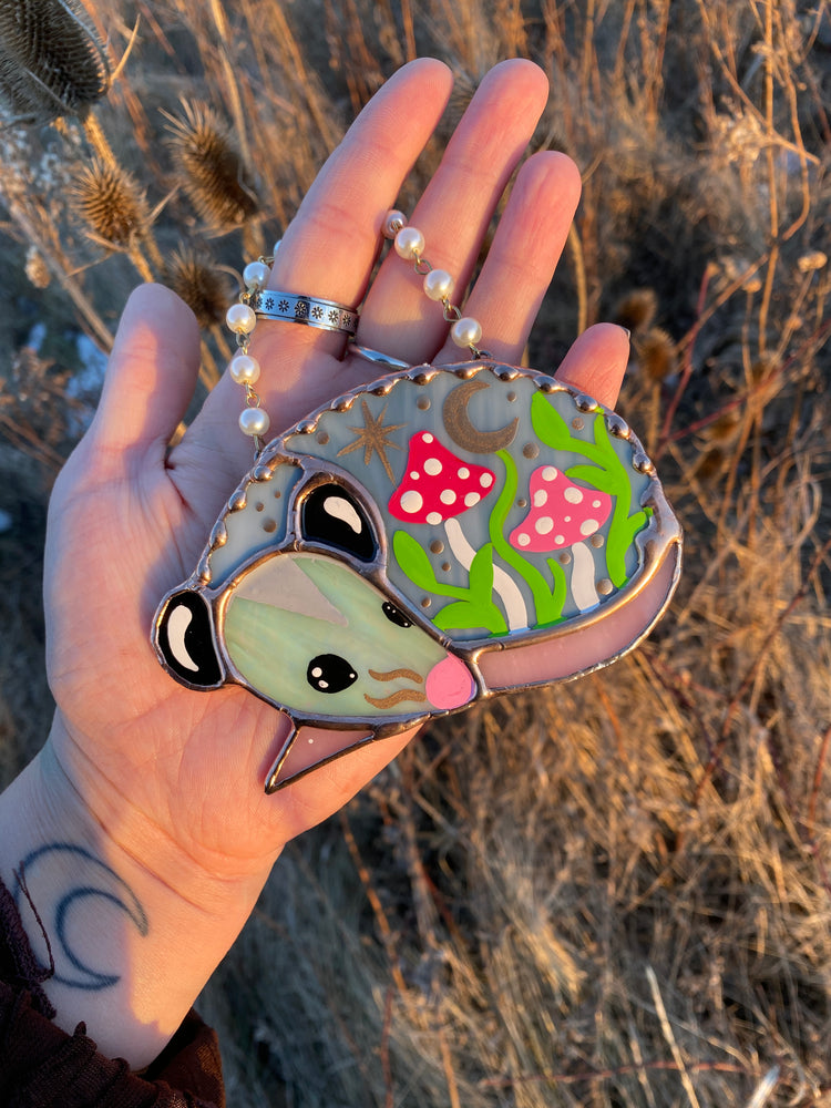 Mini Pink (ver 2) Sleepy Mushroom Opossum Stained Glass Ornament