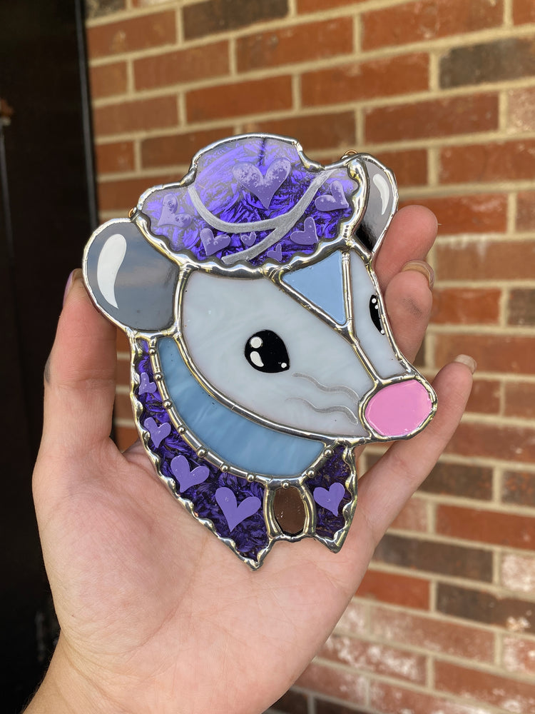 Mini Purple Cowboy Opossum Stained Glass Ornament