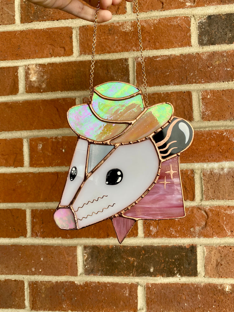 Pink Cowboy Opossum Stained Glass Suncatcher