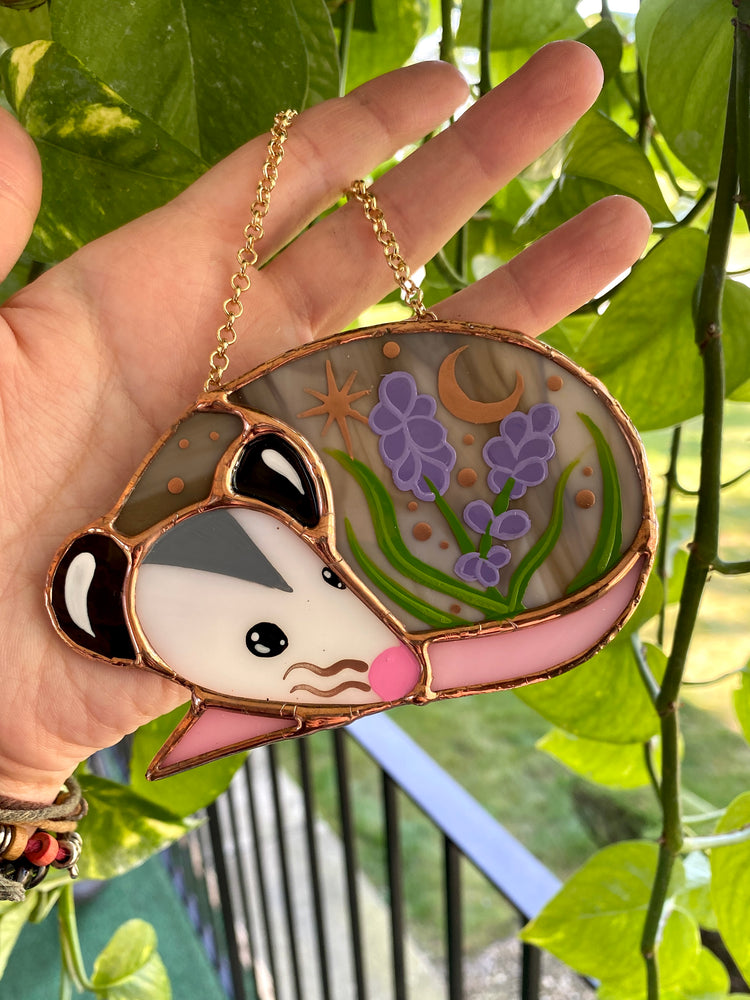 Sleepy Lavender Opossum Stained Glass Ornament