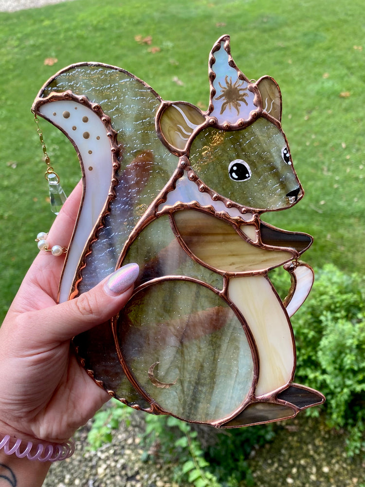 Moon Squirrel Wizard Stained Glass Suncatcher