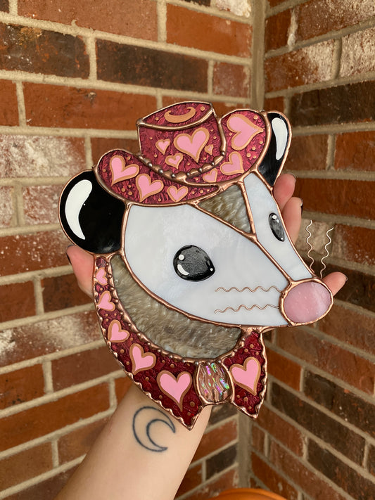 Pink Heart Cowgirl Opossum Stained Glass Suncatcher