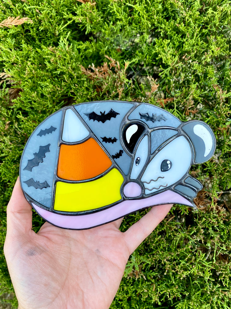 Candy Corn Opossum Stained Glass Suncatcher