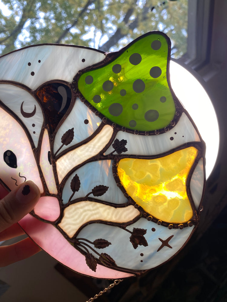 Enchanted Copper Mushroom Opossum Stained Glass Suncatcher