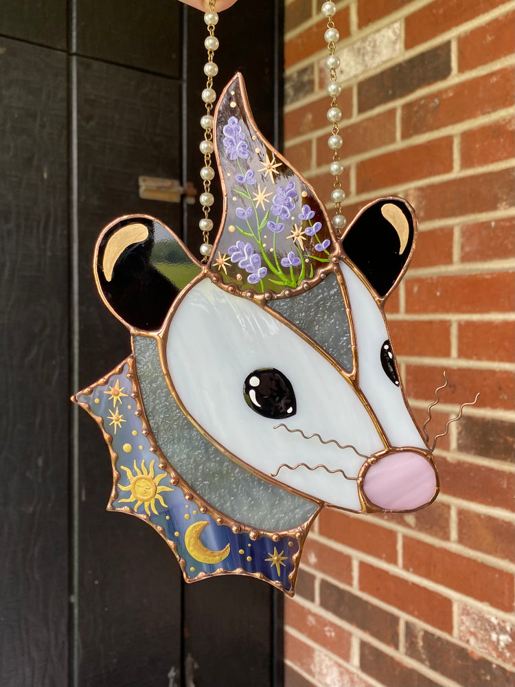 Lavender Wizard Opossum Stained Glass Suncatcher