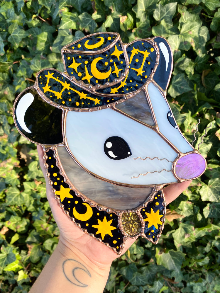 Celestial Cowboy Opossum Stained Glass Suncatcher