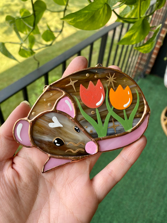 Mini Brown Tulip Rat Stained Glass Ornament