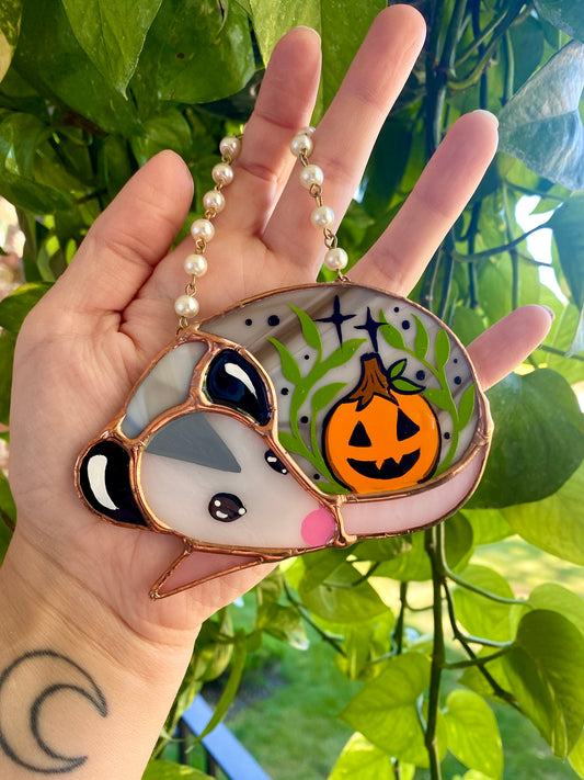 Jack-o-lantern Mini Sleepy Opossum Stained Glass Ornament