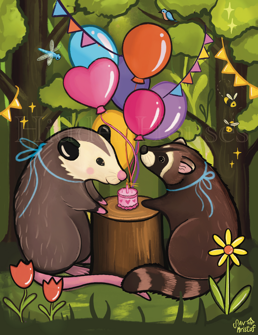 Opossum and Raccoon Friends: A Celebrations! A4 Print